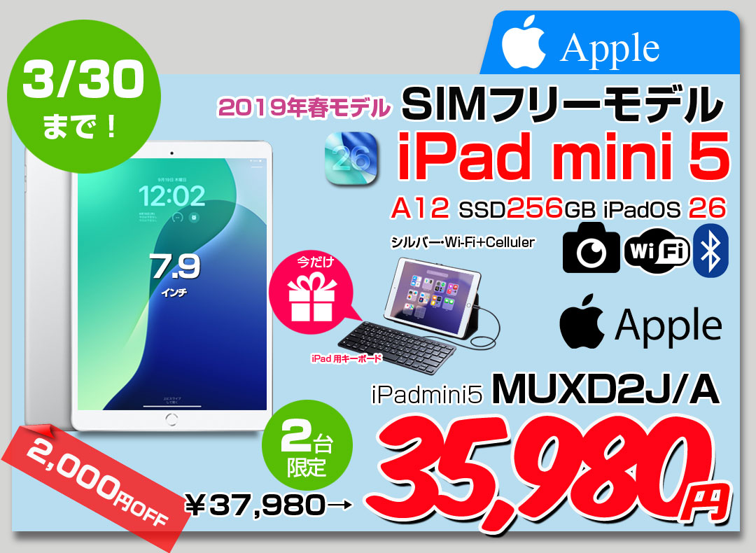 【3/19-30まで期間限定価格+Lightningキーボードプレゼント】【中古iPad】【SIMロック】Apple iPad mini5 MUXD2J/A A2124 第5世代 Wi-Fi-cel 256GB [ A12 SSD256GB 7.9 iPadOS 26 シルバー ] :良品