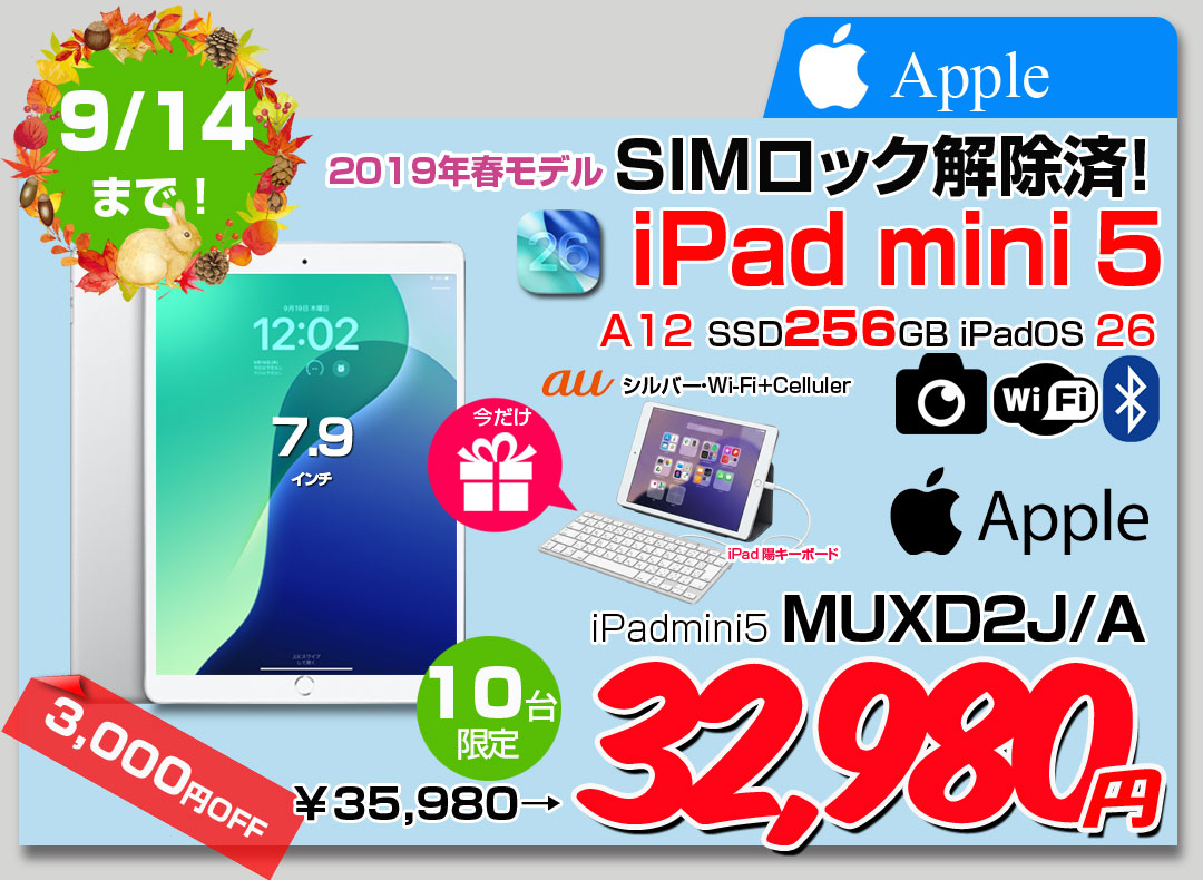 【9/3-14まで期間限定価格+Lightningキーボード】 【SIMロック解除済】Apple iPad mini5 MUXD2J/A A2124 第5世代 au Wi-Fi+Cellular 256GB 2019年春モデル 選べるカラー [ A12 SSD256GB 7.9 OS 26 シルバー ] :良品