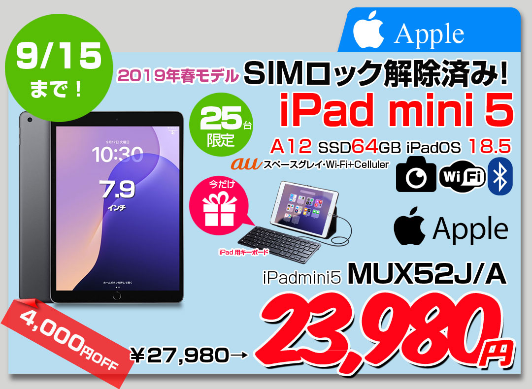 【予約】【9/4-15まで期間限定価格】【今だけLightningキーボード付】Apple iPad mini5 MUX52J/A A2124 第5世代 au Wi-Fi-cel 64GB[ A12 SSD64GB 7.9 iPad OS18スペースグレイ ] :良品 中古