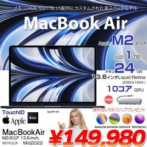 【今だけUSB-Cハブプレゼント】Apple MacBook Air 13.6inch MLY43J/A A2681 2022 TouchID 選べるOS USキー [Apple M2 8コア メモリ24GB SSD1TB 無線 BT カメラ 13.6 Midnight ] :アウトレット