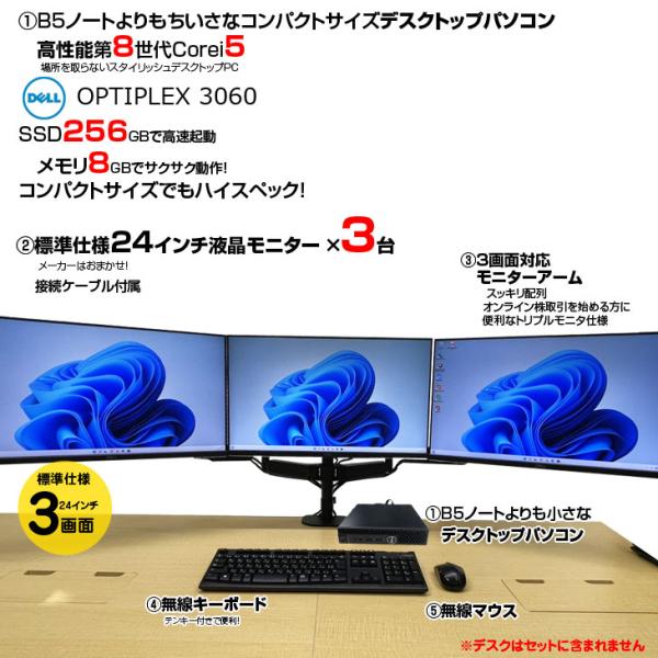 【中古トレーディングパソコンMini 24インチ液晶×3画面】 FX ビジネスにも 極小PC 3画面マルチモニタ トレパソ3 Mini 24インチ Office Win11 無線キー・マウス 　8世代 Core i5 メモリ8GB SSD256GB] :良品sub_image2
