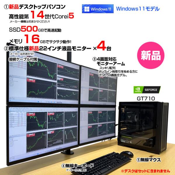 トレーディングPC4 FX 株 デイトレ 仮想通貨 22型×4画面マルチモニタ トレパソNEW  14世代　Corei5 14400F　Office Windows11 無線多画面 [Core i5 14400F 16GB 500GB ] :新品sub_image2