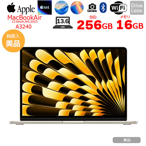 【中古パソコン】Apple MacBook Air 13.6inch MW0Y3J/A A3240 2025 TouchID [Apple M4 10コア メモリ16GB SSD256GB 無線 BT カメラ 13.6型 Starlight 純箱 ] :美品sub_image1