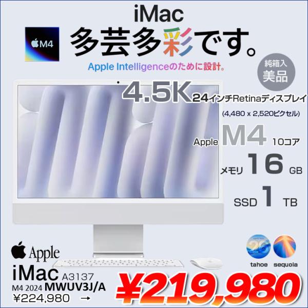 【中古パソコン】Apple iMac 24inch MWUV3J/A A3137 4.5K 2024 一体型 [Apple M4 10コア メモリ16GB SSD1TB 無線 BT カメラ 24インチ 純箱 Silver ]:美品