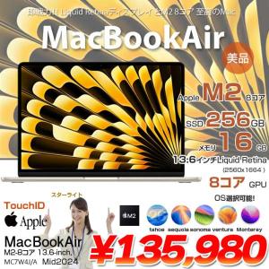 【中古パソコン】Apple MacBook Air 13.6inch MC7W4J/A A2681 2024 選べるOS TouchID [Apple M2 8コア メモリ16GB SSD256GB 無線 BT カメラ 13.6 Starlight] :美品