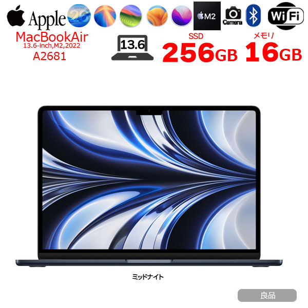【中古パソコン】Apple MacBook Air 13.6inch MLY33J/A A2681 2022 TouchID 選べるOS [Apple M2 8コア メモリ16GB SSD256GB 無線 BT カメラ 13.6 Midnight] :良品sub_image1