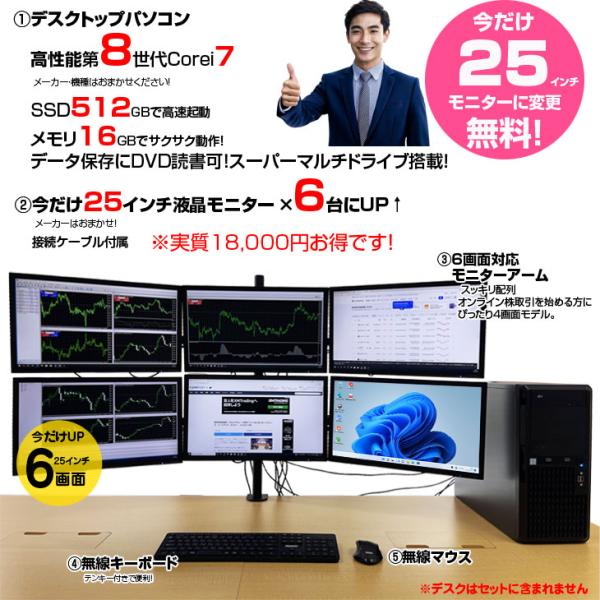 【6/4～16まで液晶サイズUP】【トレーディングパソコン 今だけ25インチ×6画面 】【中古】トレーディングPC FX 株 デイトレ 22型×6画面マルチモニタパソコン トレパソデラックス Office 選べるOS 第8世代 無線キー・マウス[Core i7 8700 メモリ16GB SSD512GB Sマルチ Quadro搭載] :良品sub_image5