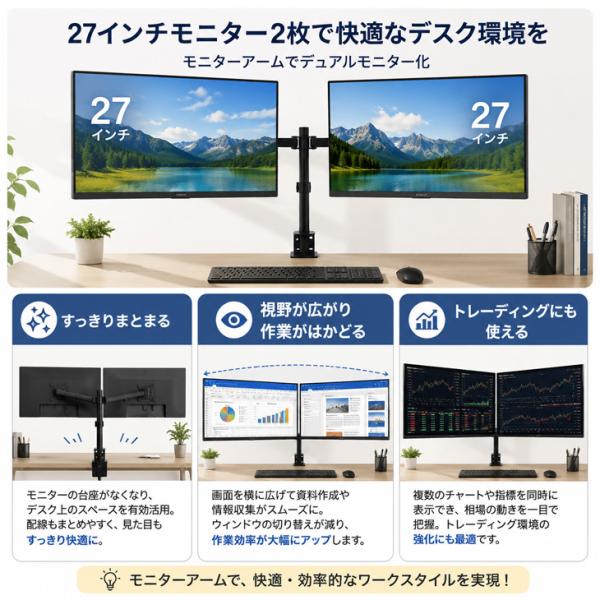【日本製モニター2画面セット】 JAPANNEXT 27インチ モニター 2台 + モニターアーム セット JN-V27FLFHD-C65W フルHD VAパネル Type-C 65W給電 スピーカー内蔵 3辺フレームレス 液晶ディスプレイ 縦画面 デュアルモニター テレワーク 在宅ワーク ケーブル付き ジャパンネクストsub_image8