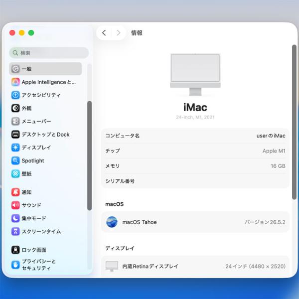【中古パソコン】Apple iMac 24inch MGPD3J/A A2438 4.5K 2021 一体型 選べるOS Touch ID [Apple M1 8コア メモリ16GB SSD1TB 無線 BT カメラ 24インチ Silver ]:美品sub_image6