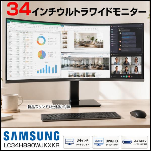 【広い画面が、仕事を変える】SAMSUNG LC34H890WJK 34インチ 曲面湾曲 液晶モニター ウルトラワイド Ultra WQHD HDMI DP USB-C デジタルハイエンド 中古:良品
