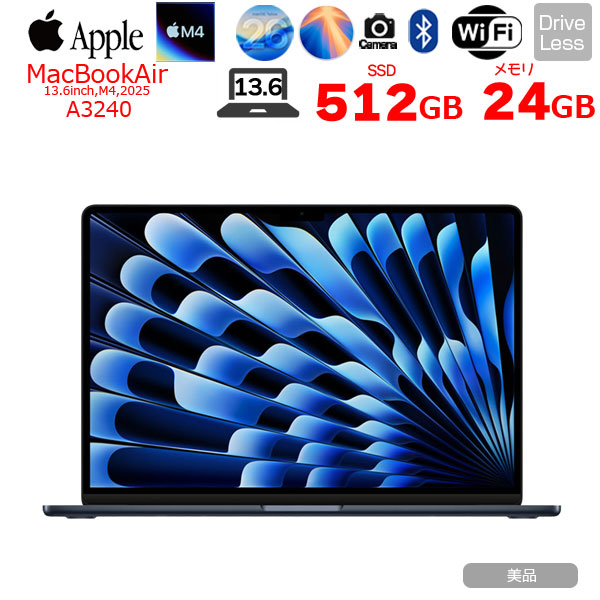 【中古パソコン】Apple MacBook Air 13.6inch MC6C4J/A A3240 2025 TouchID [Apple M4 10コア メモリ24GB SSD512GB 無線 BT カメラ 13.6型 Midnight ] :美品sub_image1