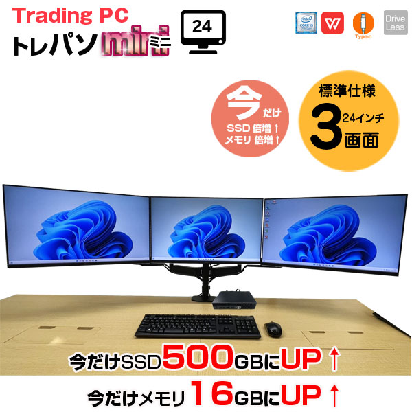 【今だけ!スペック超倍増中↑】【トレーディングパソコンMini 24インチ液晶×3画面】  FX ビジネスにも 極小PC  3画面マルチモニタ トレパソ3 Mini 24インチ Office Win10 無線キー・マウス付　8世代 Core i5 8G SSD500GB] :良品sub_image1