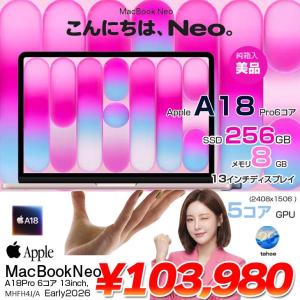 【中古パソコン】Apple MacBook Neo 13inch MHFH4J/A A3404 2026 [Apple A18Pro 6コア メモリ8GB SSD256GB 無線 BT カメラ 13型 Blush 純箱] :美品