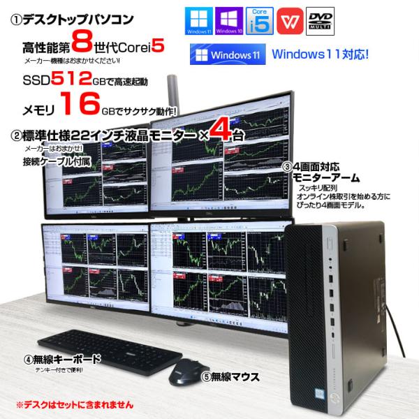 【中古】トレーディングPC FX 株 デイトレ 4画面 トレパソ マルチモニタパソコン Office 選べるOS Win10 or Wi11  無線キー・マウス　[8世代Core i5  メモリ16GB SSD512GB Sマルチ22インチモニタx4 ] :良品sub_image2