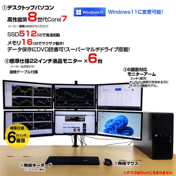 【トレーディングパソコン 22インチ×6画面 】【中古】トレーディングPC FX 株 デイトレ22型×6画面マルチモニタパソコン トレパソDX Office 選べるOS 無線キーマウス[Core i7 8700 16G 512G Sマルチ Quadro搭載] :良品sub_image2