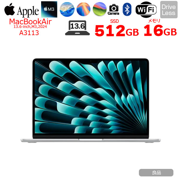 【中古パソコン】Apple MacBook Air 13.6inch MXCT3J/A A3113 2024 TouchID [Apple M3 8コア メモリ16GB SSD512GB 無線 BT カメラ Silver] :良品sub_image1