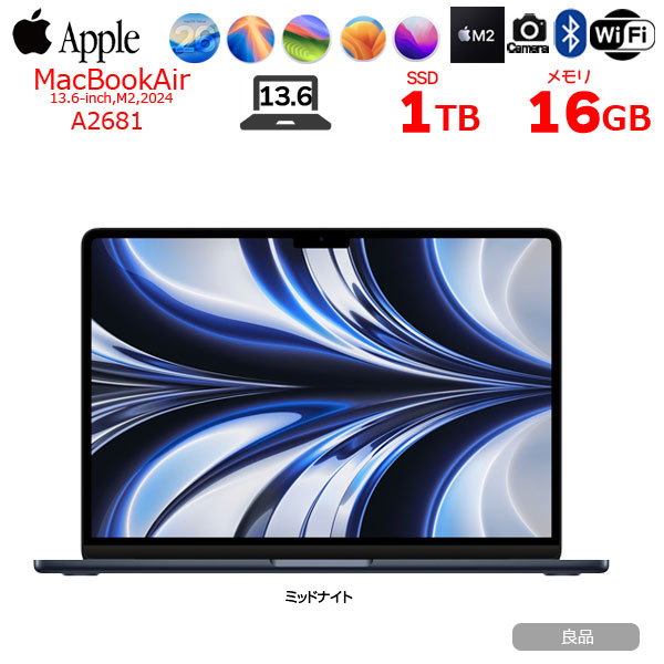 【中古パソコン】Apple MacBook Air 13.6inch MLY43J/A A2681 2022 TouchID [Apple M2 8コア メモリ16GB SS1TB カメラ 13.6 Midnight ] :良品sub_image1