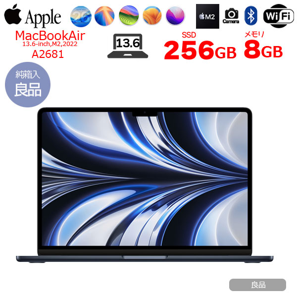 【中古パソコン】Apple MacBook Air 13.6inch MLY33J/A A2681 2022 選べるOS TouchID USキー [Apple M2 8コア 8GB SSD256GB 無線 BT カメラ 13.6 Midnight 純箱] :良品sub_image1