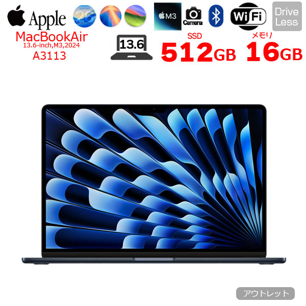 【中古パソコン】Apple MacBook Air 13.6inch MXCV3J/A A3113 2024 TouchID [Apple M3 8コア 16GB SSD512GB 無線 BT カメラ Midnight] :アウトレットsub_image1