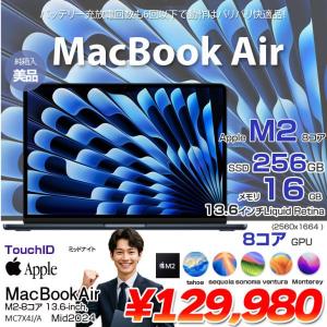 【中古パソコン】Apple MacBook Air 13.6inch MC7X4J/A A2681 2024 TouchID [Apple M2 8コア メモリ16GB SSD256GB 無線 BT カメラ 13.6 Midnight 純箱] :美品