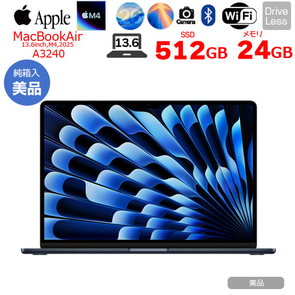 【中古パソコン】Apple MacBook Air 13.6inch MC6C4J/A A3240 2025 TouchID [Apple M4 10コア メモリ24GB SSD512GB 無線 BT カメラ 13.6型 Midnight 純箱 ] :美品sub_image1