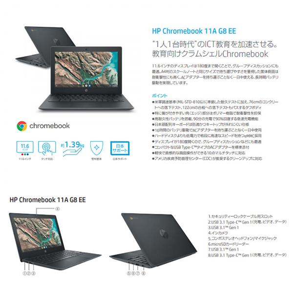 【中古パソコン】HP クロームブック 11A G8 EE タッチパネル 保証書付 Chrome OS [AMD A4-9120C APU メモリ4GB eMMC32GB 無線 BT 11.6型] :超美品sub_image4