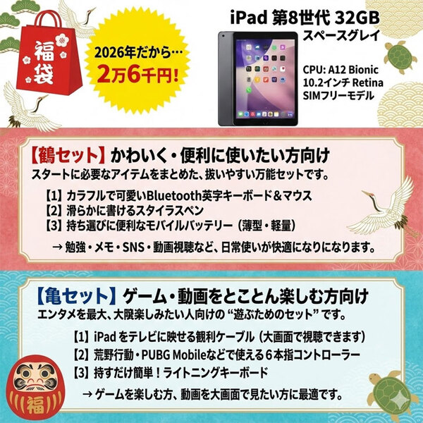 【2026新春 iPad8 鶴or亀どっちにする?福袋 】Apple 第8世代 iPad 2020 32GB A2270 [A12 SSD32GB Retina 10.2 iPadOS 26 内容物選択可 ]:良品福袋sub_image2