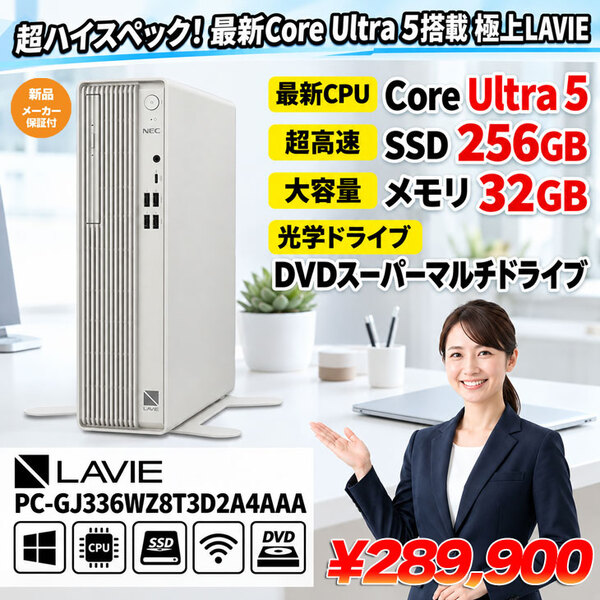 NEC LAVIE Direct DT PC-GJ336WZ8T3D2A4AAA AIパソコン 省スペースデスク 2画面同時出力 Win11 [Core Ultra 5  メモリ32GB SSD256GB　マルチ]:新品