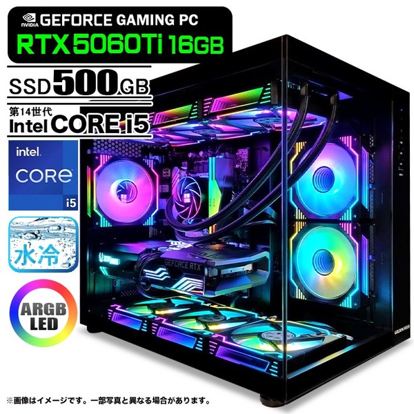 ゲーミングPC デスクトップパソコン 海景房 GMQ360 ブラック GeForce RTX5060Ti Intel Corei5 14400F Win11 SSD500GB メモリ16GB CPU水冷ファン