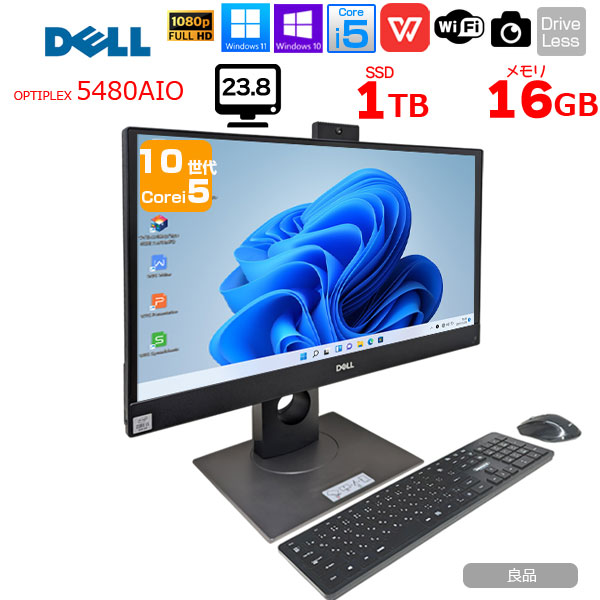 DELL OptiPlex 5480 AIO 中古 一体型デスク Office Win10 or Win11 キー・マウス[Core i5 10500T メモリ16GB SSD1T 無線 カメラ]:良品sub_image1