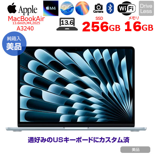 【中古パソコン】Apple MacBook Air 13.6inch MC6T4J/A  A3240 2025 USキー TouchID [Apple M4 10コア 16GB 256GB 無線 BT カメラ 13.6型 Sky Blue 純箱] :美品sub_image1