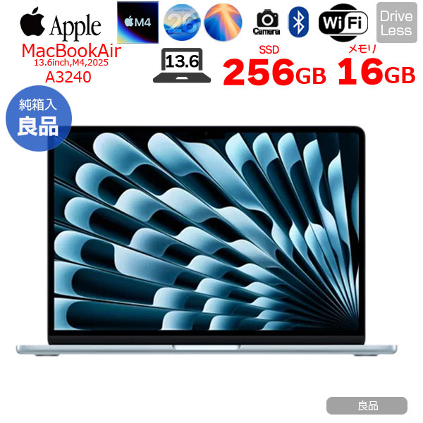 【中古パソコン】Apple MacBook Air 13.6inch MC6T4J/A A3240 2025 TouchID [Apple M4 10コア 16GB 256GB 無線 BT カメラ 13.6型 Sky Blue 純箱 ] :良品sub_image1