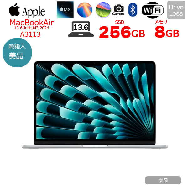 Apple MacBook Air 13.6inch MRXQ3J/A A3113 2024 TouchID [Apple M3 8コア 8GB SSD256GB 無線 BT カメラ Silver 純箱] :美品sub_image1