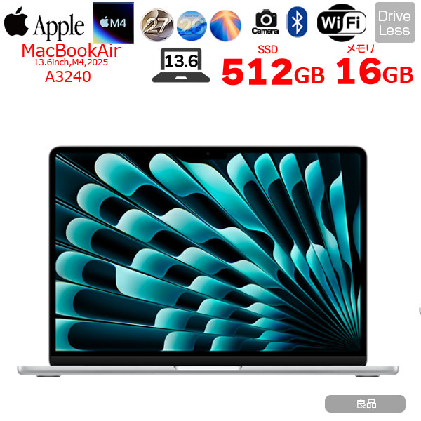 【中古パソコン】Apple MacBook Air 13.6inch MW0X3J/A A3240 2025 TouchID [Apple M4 10コア 16GB 512GB 無線 BT カメラ 13.6型 Silver ] :良品sub_image1