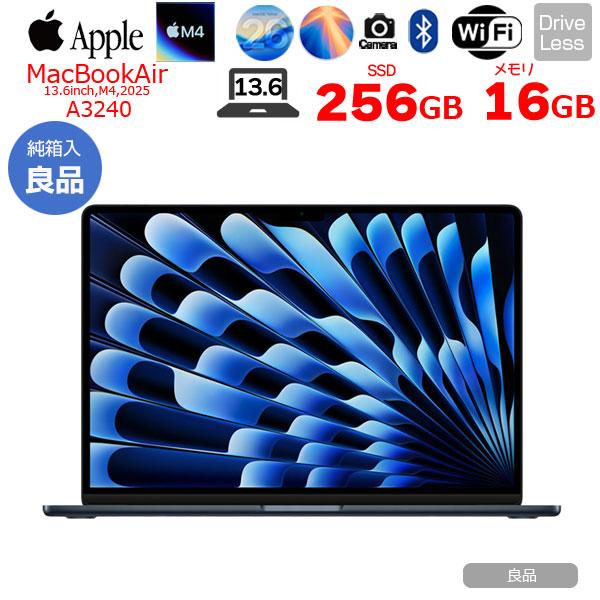 【中古パソコン】Apple MacBook Air 13.6inch MW123J/A A3240 2025 TouchID [Apple M4 10コア メモリ16GB SSD256GB 無線 BT カメラ 13.6型 Midnight 純箱]:良品sub_image1