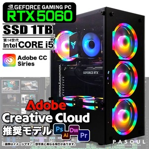 Adobe Creative Cloud推奨モデル  ゲーミングPC デスクトップ ブラック GeForce RTX5060 第14世代 Corei5 14400F Win11 SSD1TB メモリ32GB ゲーミング PASOUL 煌