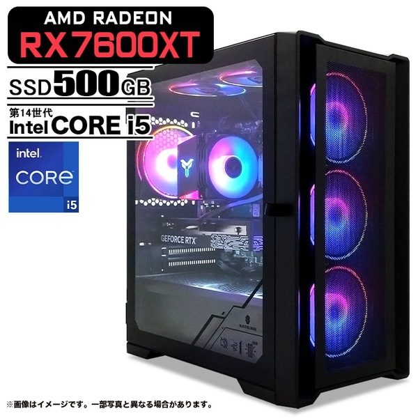 ゲーミングPC ブラック メッシュ AMD Radeon RX7600XT 第14世代 Intel Corei5 14400F Win11 SSD500GB メモリ16GB eスポーツ PASOUL 一年保証:新品