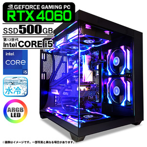 ゲーミングPC  黒海景房シームレス HJF-ATX(BK)水冷 GeForce RTX4060  第13世代 Corei5 Win10 or Win11 NVMe M.2 SSD500GB メモリ16GB PASOUL 極 1年保証