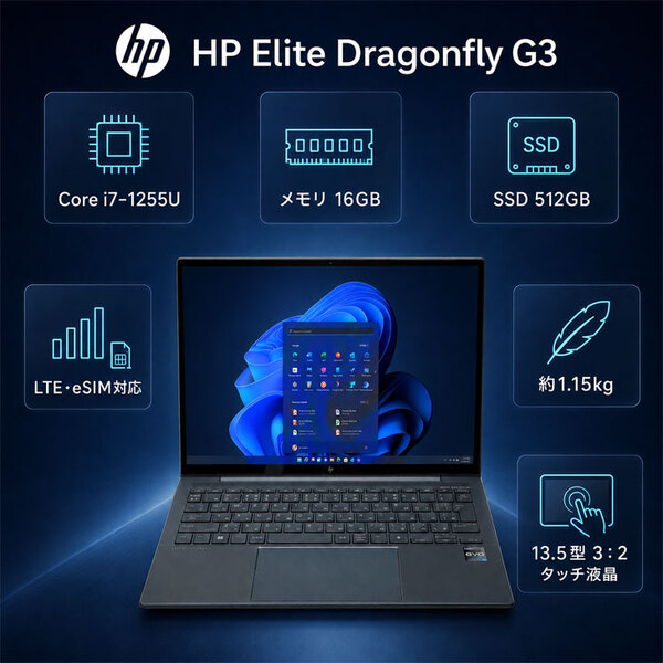 【eSIM対応!中古良品】HP Elite Dragonfly G3 6H158PA#ABJ Win11 [Core i7 1255U 16GB 512GB 無線　WWAN 13.5型タッチ液晶]:良品sub_image2