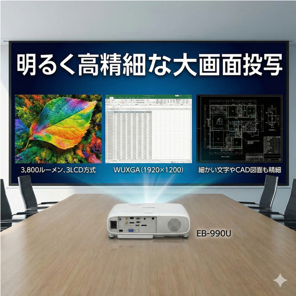 【中古】EPSON 液晶プロジェクター 使用時間200時間以下 EB-990U 3800lm 解像度WUXGA 3LCD方式 3.2kg リモコン/ケース付:良品sub_image2