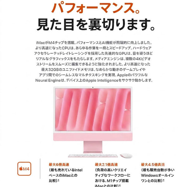 【中古パソコン】Apple iMac 24inch MWV43J/A A3137 4.5K 2024 一体型 [Apple M4 10コア メモリ16GB SSD256GB 無線 BT カメラ 24インチ Pink ]:美品sub_image4