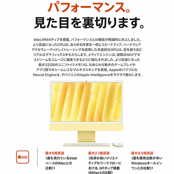 【中古パソコン】Apple iMac 24inch Z1EL A3137 4.5K 2024 一体型 [Apple M4 10コア メモリ16GB SSD512GB 無線 BT カメラ 24インチ  Yellow ]:美品sub_image4