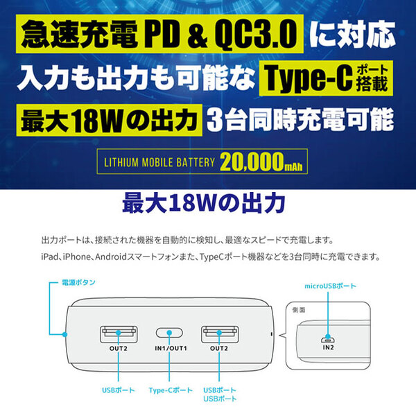 Lazos　L-20M2　ラソス  Type-Cポート搭載　PSE認証　20000mAh　高速充電リチウムポリマーモバイルバッテリー ブラック [20000mAh /3ポート /充電タイプ]sub_image4