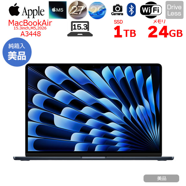 【中古パソコン】Apple MacBook Air 15.3inch MDVN4J/A A3448 USキー 2026 TouchID [Apple M5 10コア メモリ24GB SSD1TB 無線 BT カメラ 15.3 Midnight ] :美品sub_image1