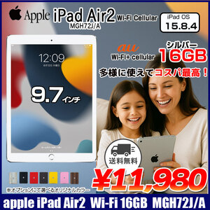 第2世代 iPad Air MGH72J/A Retina au Wi-Fi+Cellular 16GB 指紋認証 選べるカラー  A8X SSD16GB 9.7 iPadOS 15.8.4 シルバー 