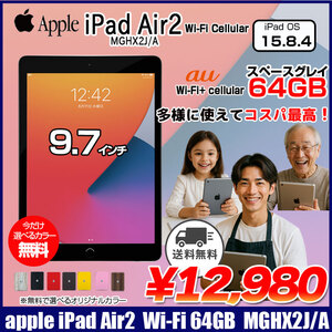 第2世代 iPad Air MGHX2J/A Retina au Wi-Fi+Cellular 64GB 指紋認証 カラー無料  A8X SSD64GB 9.7 iPadOS 15.8.4 スペースグレイ 