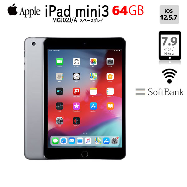 【送料無料】Apple iPad Mini3 MGJ02J/A A1600 Retina SoftBank Wi-Fi+Cel 64GB [ A7 64GB 7.9 iPadOS 12.5.7 スペースグレイ ] :良品sub_image1