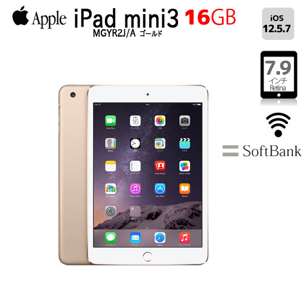 【送料無料】Apple iPad Mini3 MGYR2J/A A1600 Retina SoftBank Wi-Fi+Cel 16GB [ A7 16GB 7.9 iPadOS 12.5.7 ゴールド ] :良品sub_image1