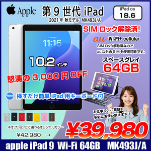【今だけLightningキーボード付】Apple iPad9 第9世代 MK493J/A au Wi-Fi-Cel 2021 A2602 [A13 Bionic 64G Retina 10.2 iPadOS 18.6.2 シルバー ] :良品