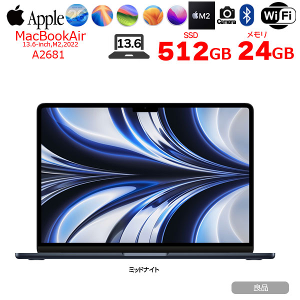 【中古パソコン】Apple MacBook Air 13.6inch MLY33J/A A2681 2022 TouchID [Apple M2 8コア 24GB SSD512GB 無線 BT カメラ 13.6 Midnight ] :良品sub_image1